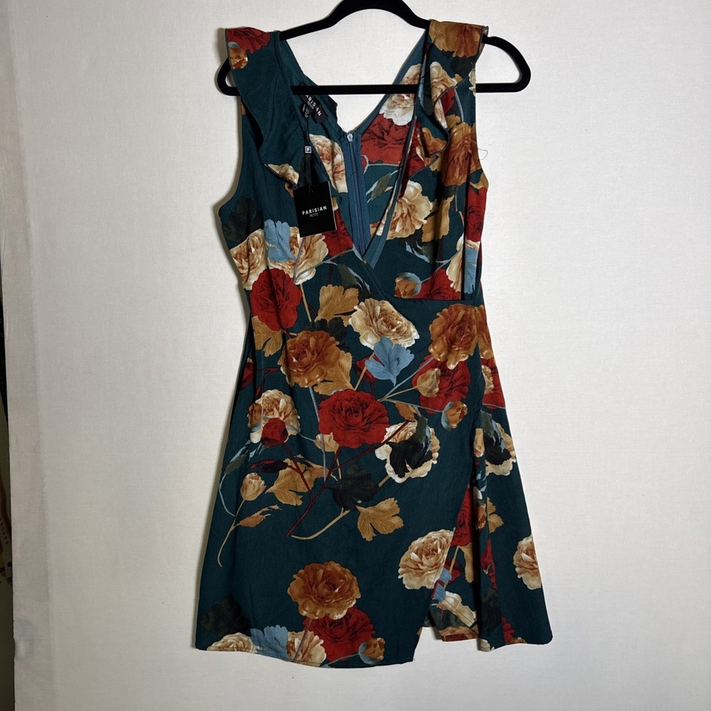 Parisian Petite Womens Floral V Neck Mini Dress Size 12 Ruffle Sleeve Dark Flora